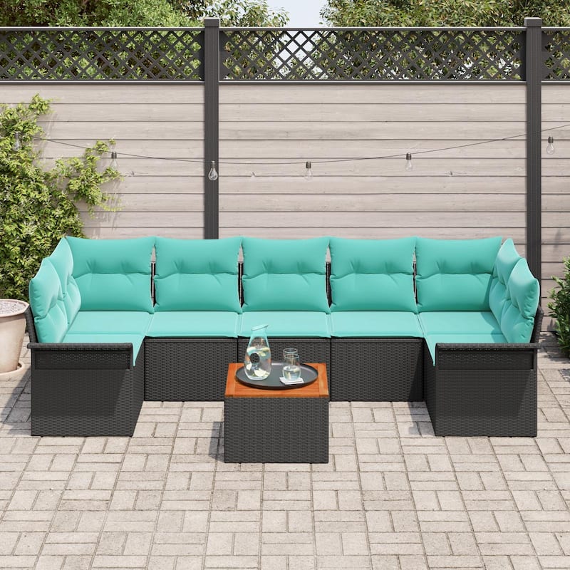 vidaXL 8 Garden Sofa Set with Cushions Black Poly Rattan - 113.8 x 52.2 x 27.2