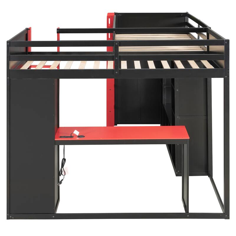 L-shaped Bunk Bed Twin Size Gaming Loft Bed with Desks, TV Stand, Shelves, Light Strip, Charging Station and Reversible Layout