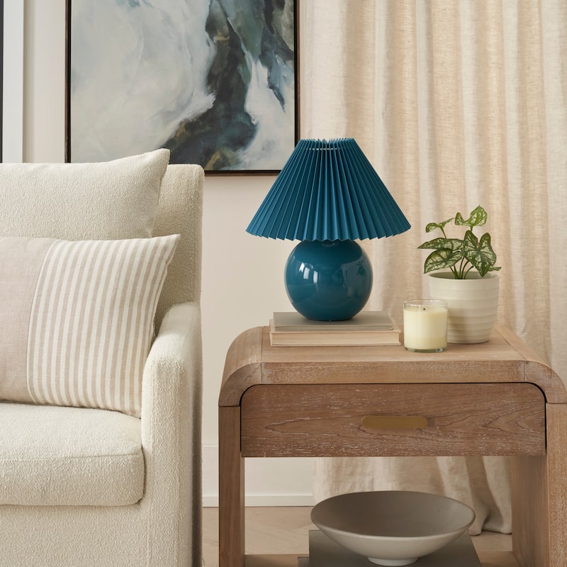 Nourison 13" Round Ceramic Table Lamp with Pleated Shade - Teal