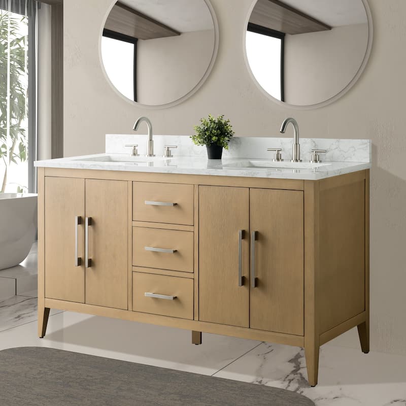 Vanity Art 60" Double Sink Bathroom Vanity Cabinet with Engineered Marble Top