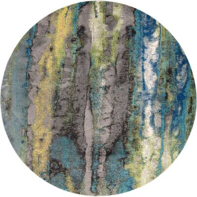 Abstract Watercolor Teal/Gray/Yellow Contemporary Dramatic Rug