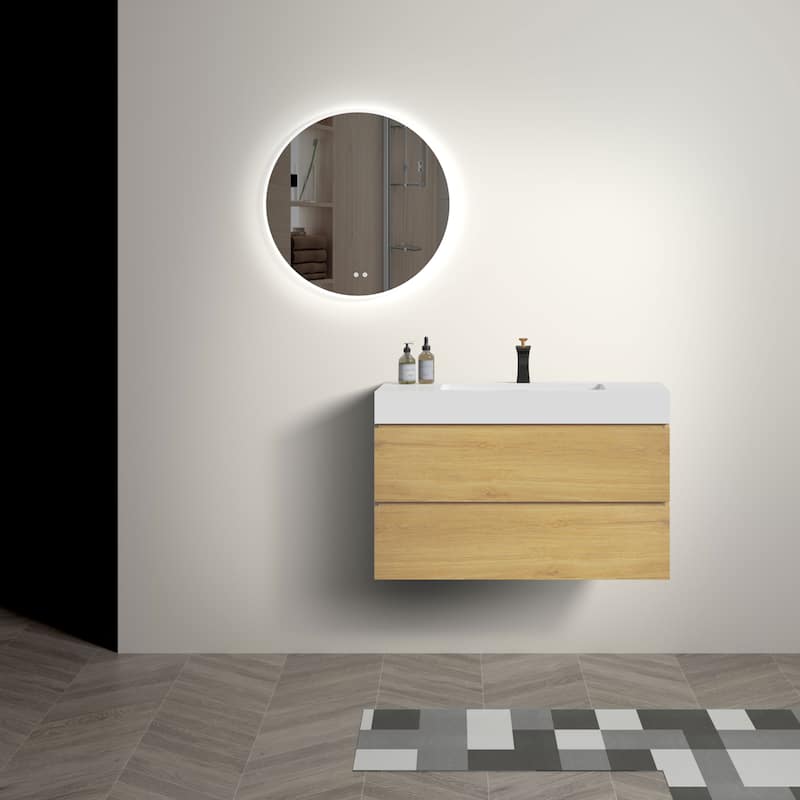 36" Bathroom Vanity with Black Sink,Wall Mounted Floating Bathroom Vanity, One-Piece Black Sink Basin without Drain and Faucet