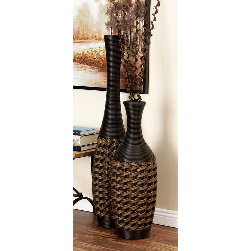 Brown Faux Seagrass Tall Woven Floor Decorative Vase with Dark Brown Wrapped Neck - Brown