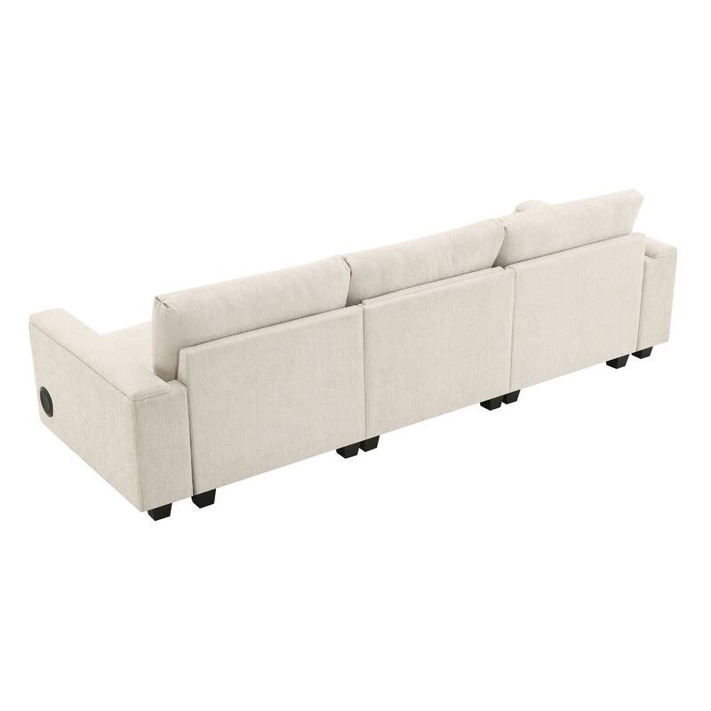 Chenille Sectional Sofa With Bluetooth Speaker,Cloud Couch Set With Drop Down Table,Cup Holders,Usb Charger,Storage Armrest