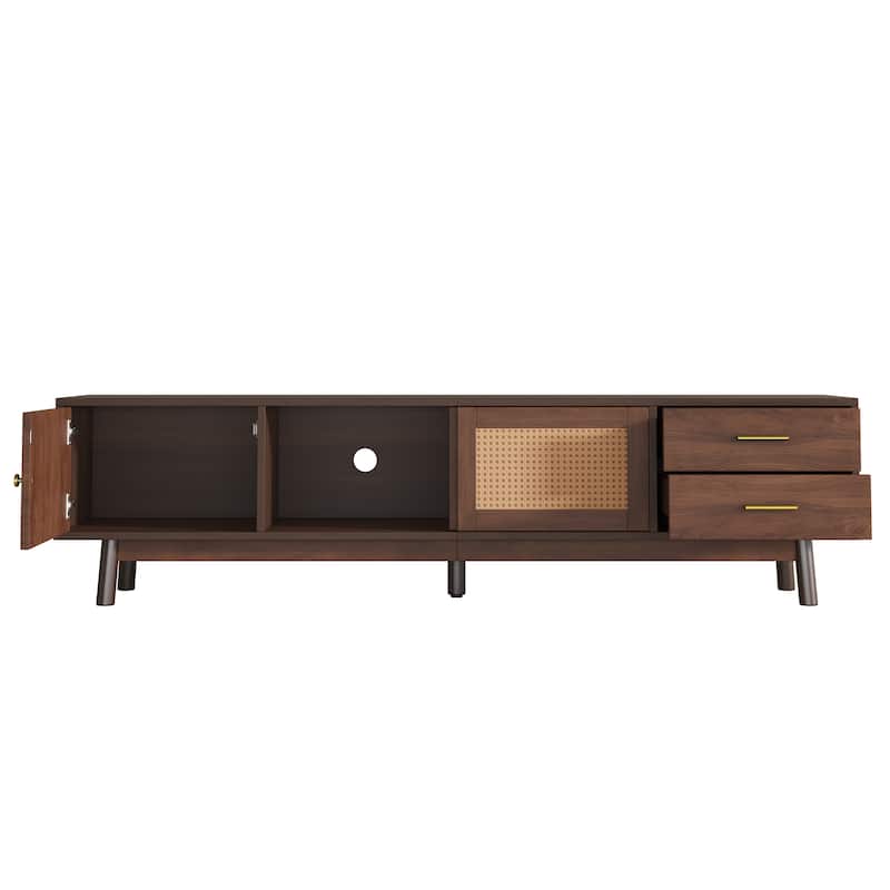 Mid Century Modern TV Stand Entertainment Center for up to 80" TVs, Rattan Sliding Doors TV Cabinet with Drawers for Living Room