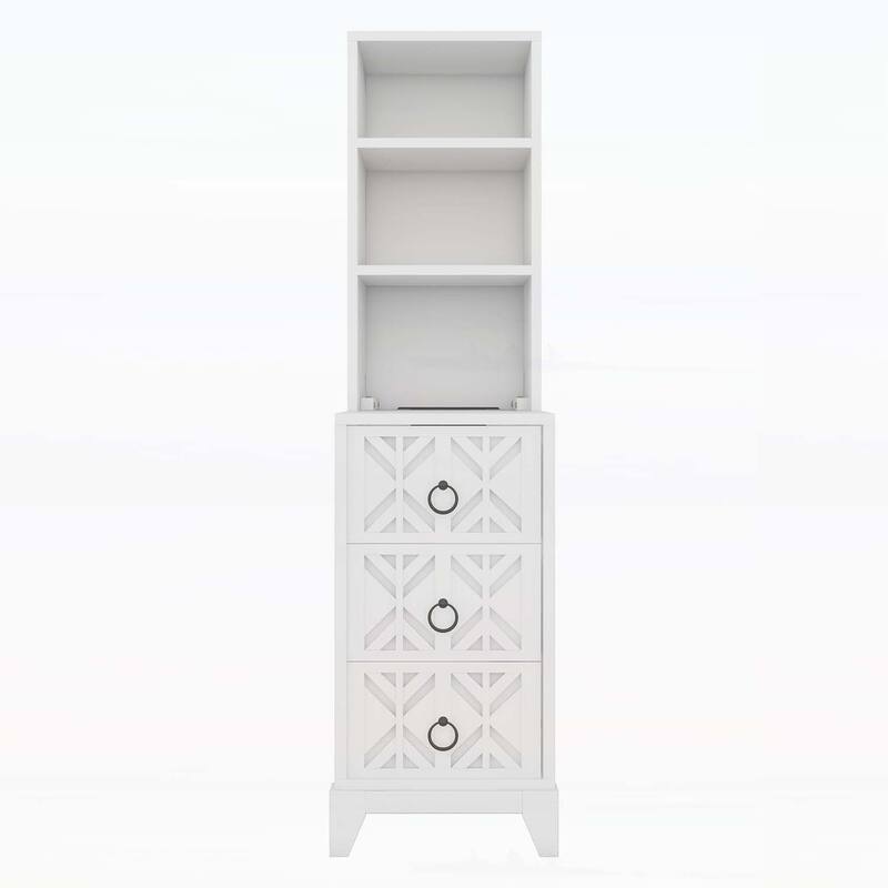 Elegant X-Carved End Table with 3 Drawers,2 Open Shelves,and Charging Station for Modern Bedrooms and Corners