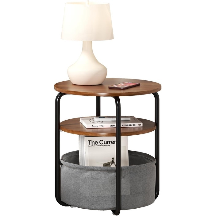 Small Round Side End Table w/ Fabric Storage Basket, 3-Tier Sofa Corner Table for Bedroom & Living Room