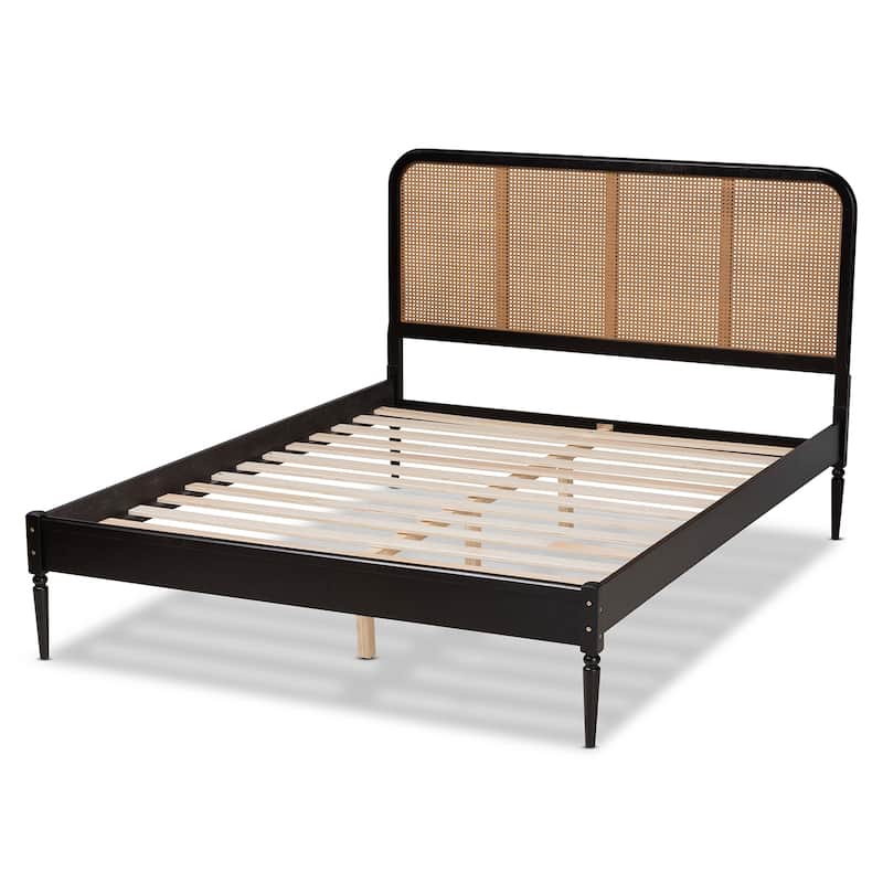 Elston Mid-Century Modern Synthetic Rattan Wood Platform Bed -Charcoal