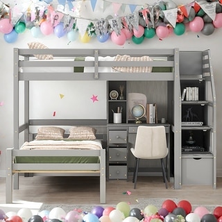 Twin Over Twin Loft Bed With A Stand-alone Bed,Desk,Shelves And Drawers