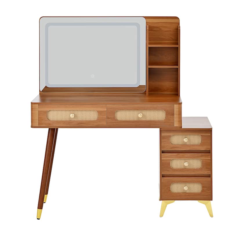 Retro Rattan Makeup Vanity Desk with 5 Drawers and Storage Shelf, Dressing Table with Rectangular Mirror and Touch Light