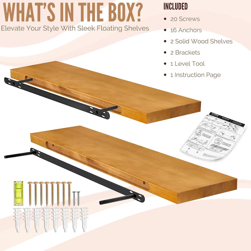 Solid Wood Floating Shelves for Wall - Long Wooden Wall-Mounted Shelves - 9” L X 35"W X 1.2” H