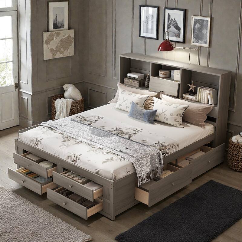 Platform Bed with Headboard Storage and 8 Drawers, Wood Bed Frame with Shelves and No Box Spring Needed - Grey - King