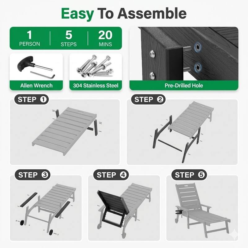 WINSOON All-Weather Outdoor Chaise Lounge Chair, 5-Level Adjustable Backrest with Cup Holder