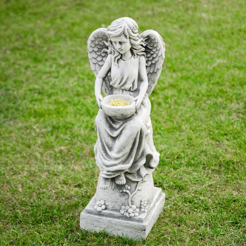 Glitzhome Vintage MgO Angel Distressed Garden Statue Sculpture with a Birdfeeder