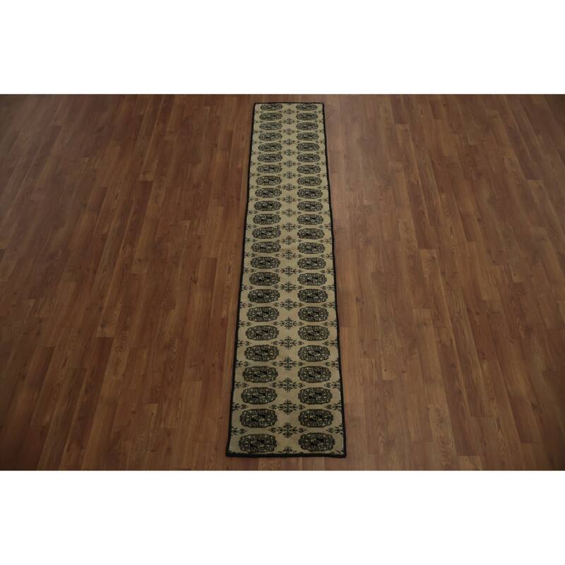 Hand Knotted Oriental 100% Wool Carpet Traditional Geometric Beige & Ivories Bokhara Runner Rug - 7' 4'' X 1' 6''