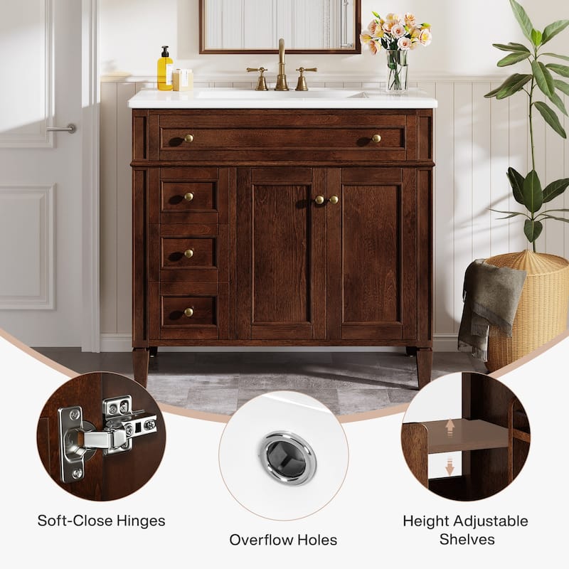 36'' Freestanding Bathroom Vanity with Integrated Ceramic Sink, Tip-Out Drawer, Door Organizer
