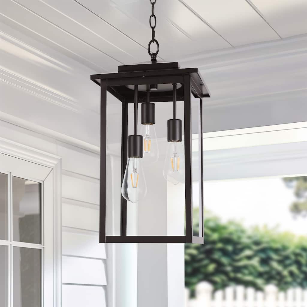 3-Light Large Outdoor Hanging Pendant Light with Glass