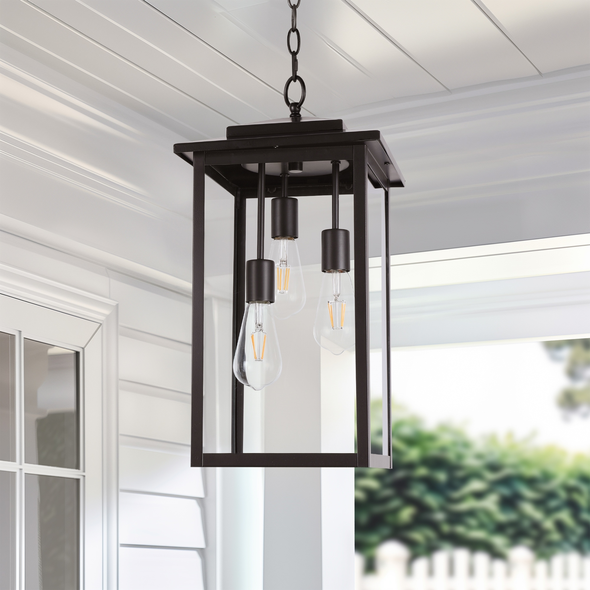 3-Light Large Outdoor Hanging Pendant Light with Glass