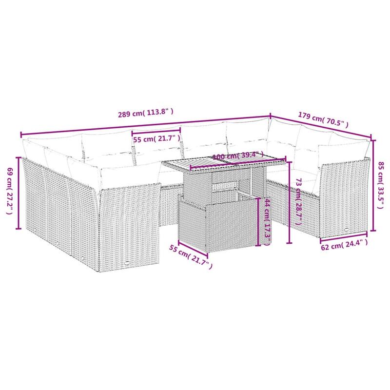 vidaXL Patio Sofa Set with Cushions Outdoor Furniture 10 Piece Poly Rattan - 24.4" x 24.4" x 27.2"