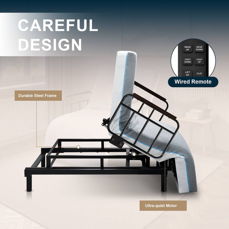 Electric Adjustable Bed with Memory Foam Mattress, Safety Rails, and Detachable Tray for Seniors and Recovery