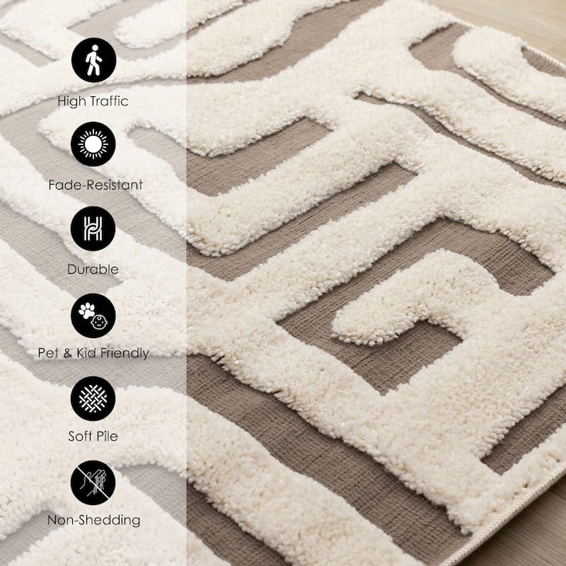 Cream Taupe Abstract Morroccan Super-Soft High-Low Textured Rug