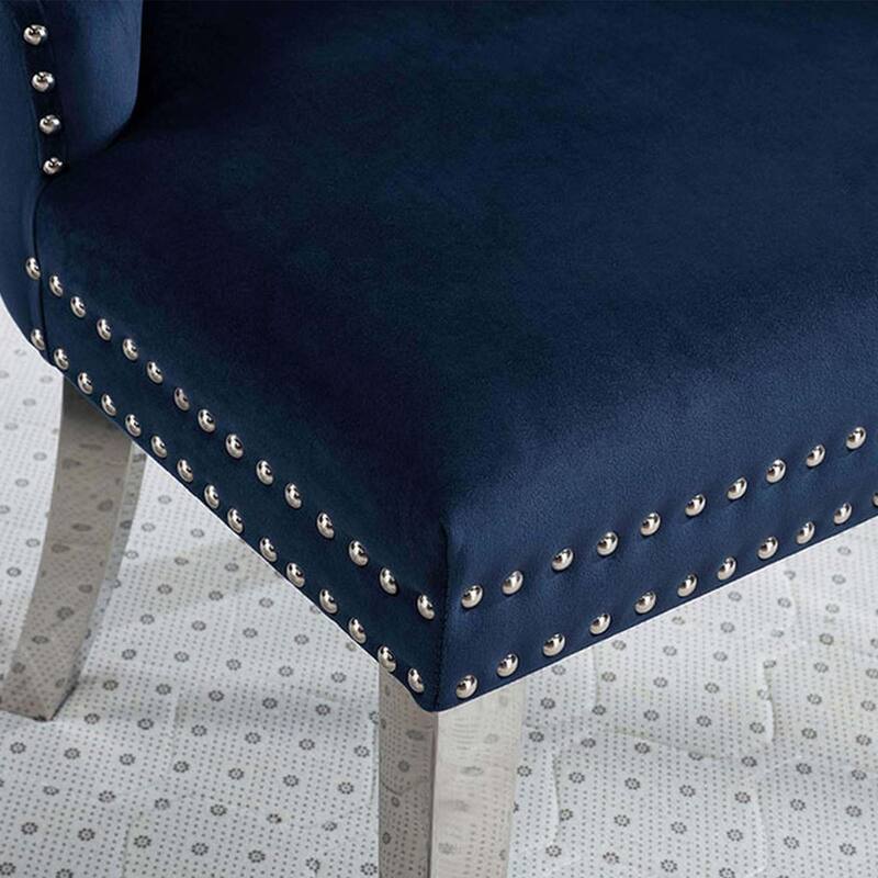 Set of 2 Wingback Dining Chairs with Button Tufted Back in Blue and Chrome