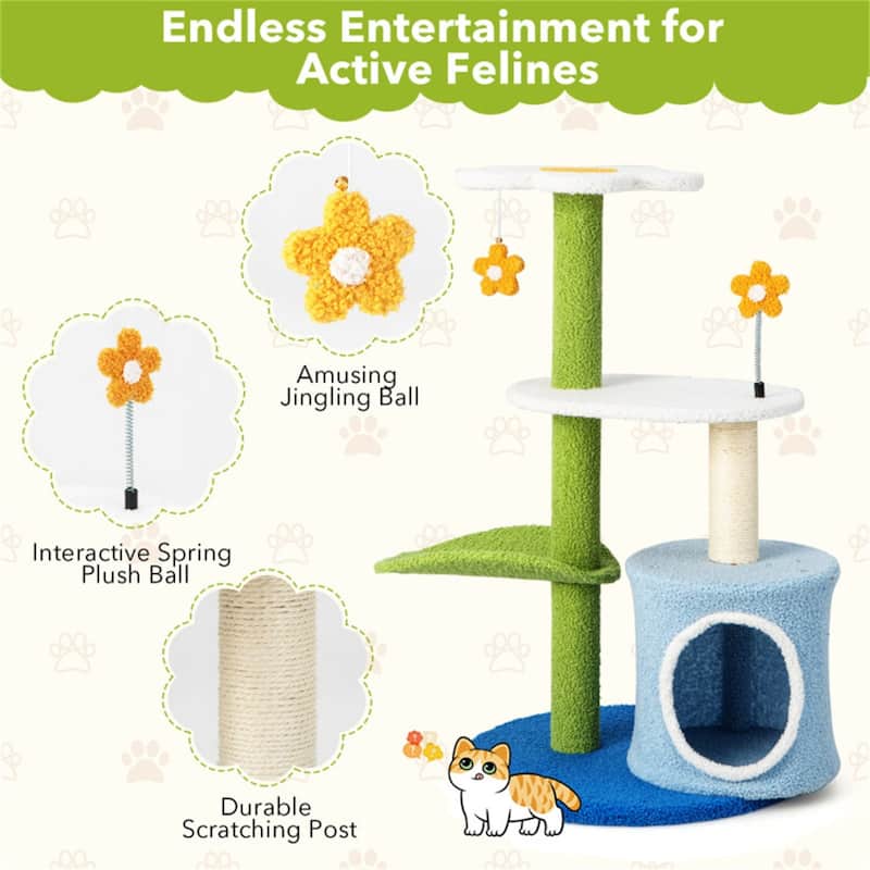 4-Tier Cat Tree with Cozy Perch, Scratching Post & Interactive Toys for Fun & Comfort - 19.5" x 19.5" x 34.5"