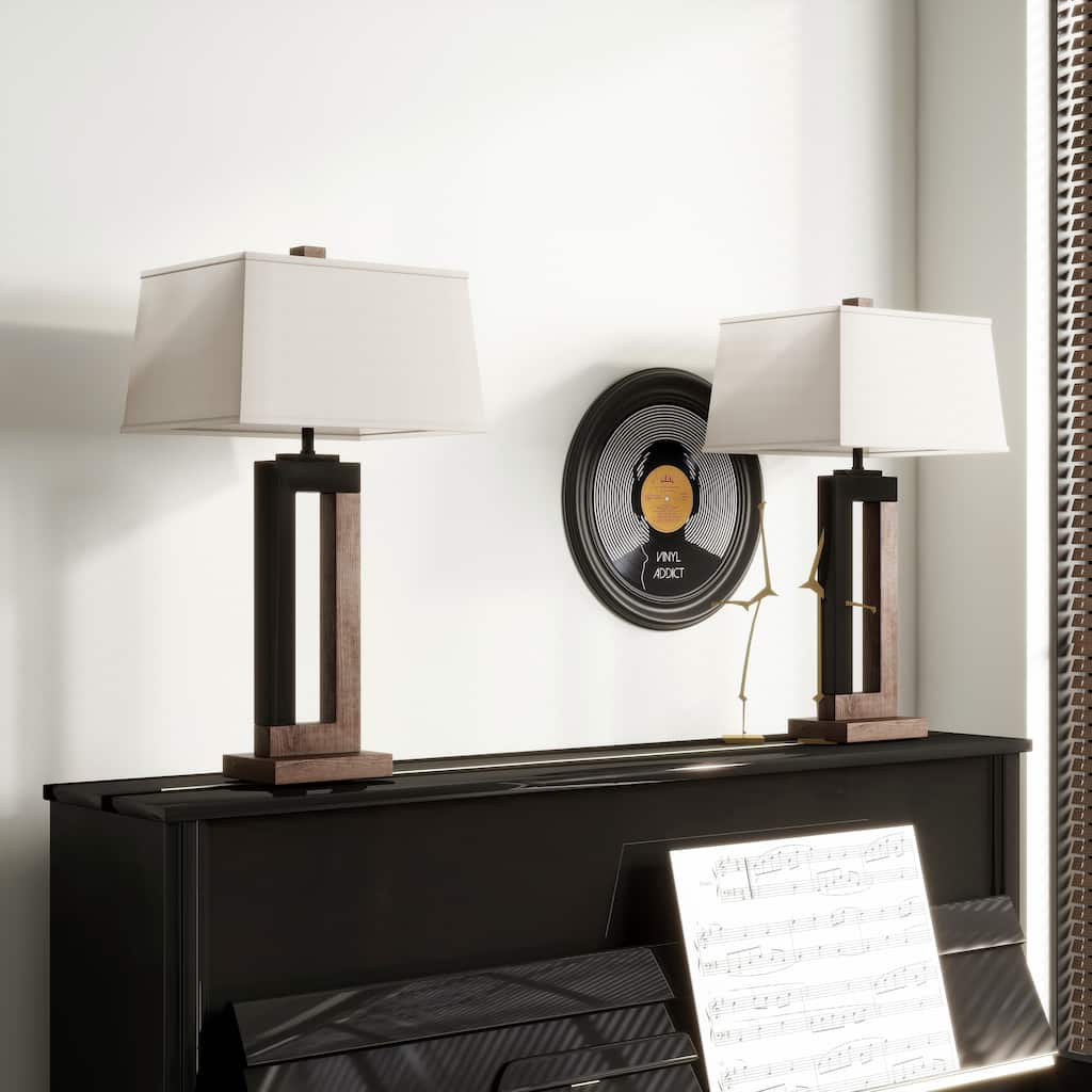 25.9" Rectangle Cotton Shade Wood Table Lamps Set of 2