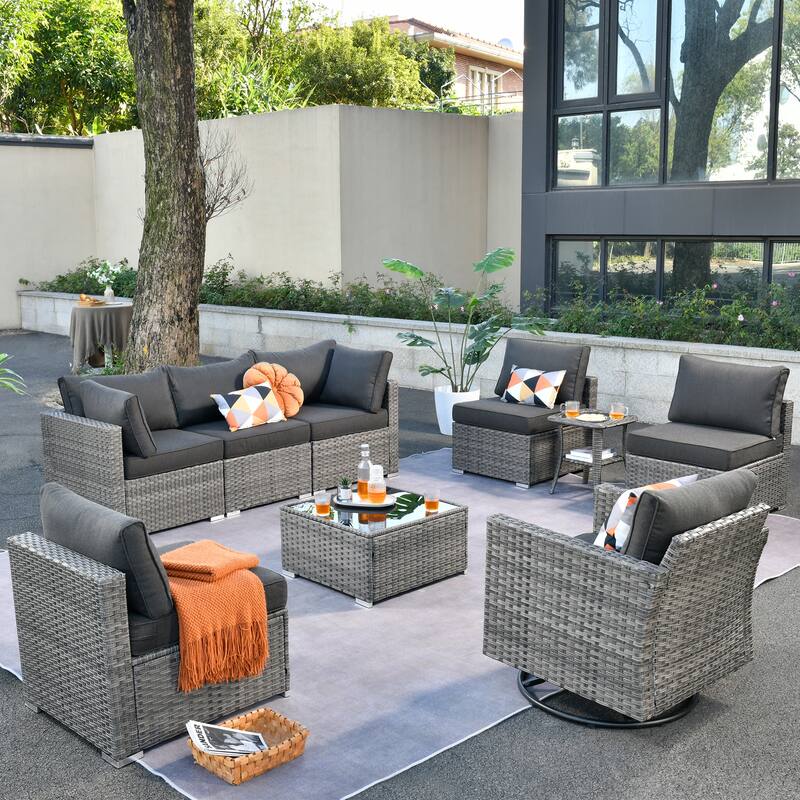 HOOOWOOO 9-piece Grey Wicker Patio Outdoor Sectional Set with Swivel Rocking Chair - Black