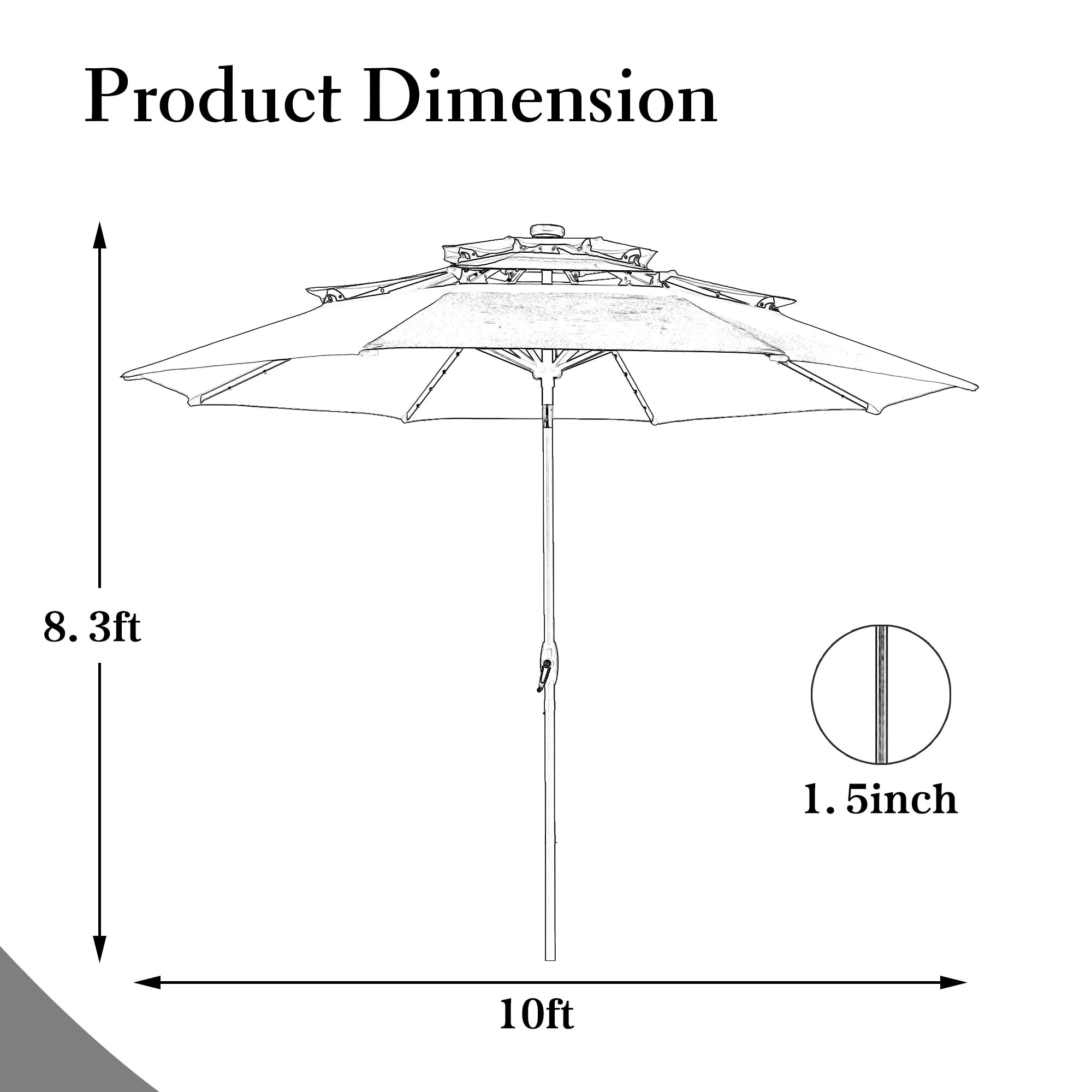3ft patio umbrella ABCCANOPY 9FT 3 Tiers 8 Ribs OLEFIN 5-Year No Fading Black & Gray Stripe 8 Sturdy Fiberglass Ribs MF Studio 10ft 3-Tier Vented