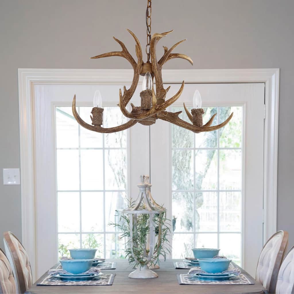 SAFAVIEH Lighting Jinnie Adjustable 3-Light Brown Antler Chandelier - 21.5" x 21.5" x 18-90"