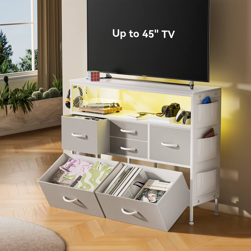 Dresser for Bedroom TV Stand with Power Outlets and LED Light, 6 Dresser with Shelves for 45" TV, PU Finish