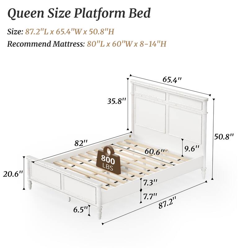 Queen/King Size Classic Wooden Bed Frame with Raised Panel Headboard and Footboard