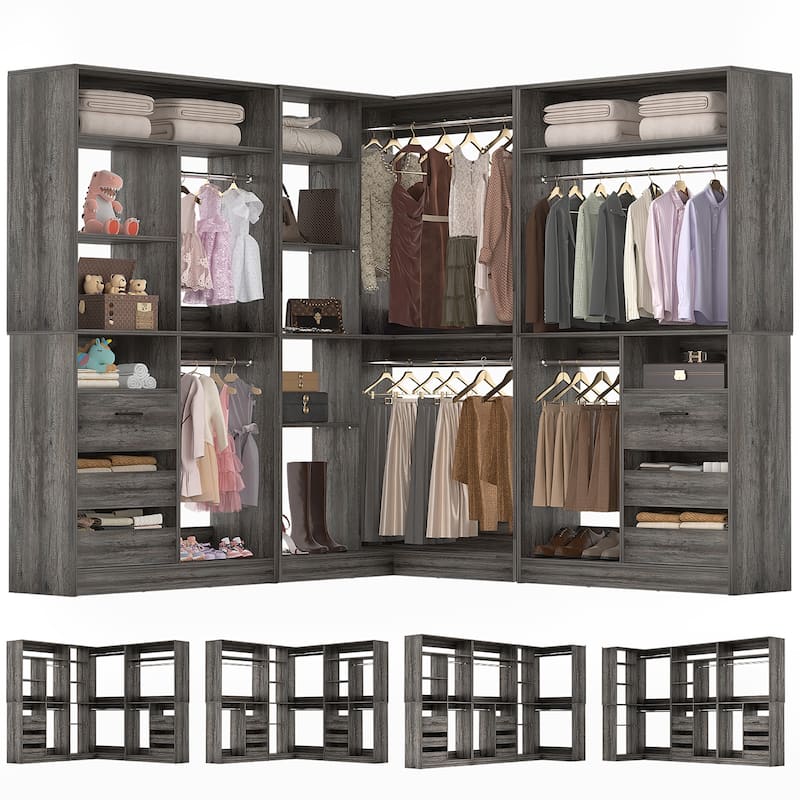 Qvella 72"-108" Closet System with Drawers and Hanging Rods,Freestanding Walk-in Closet Organizer System Wardrobe Closet Tower