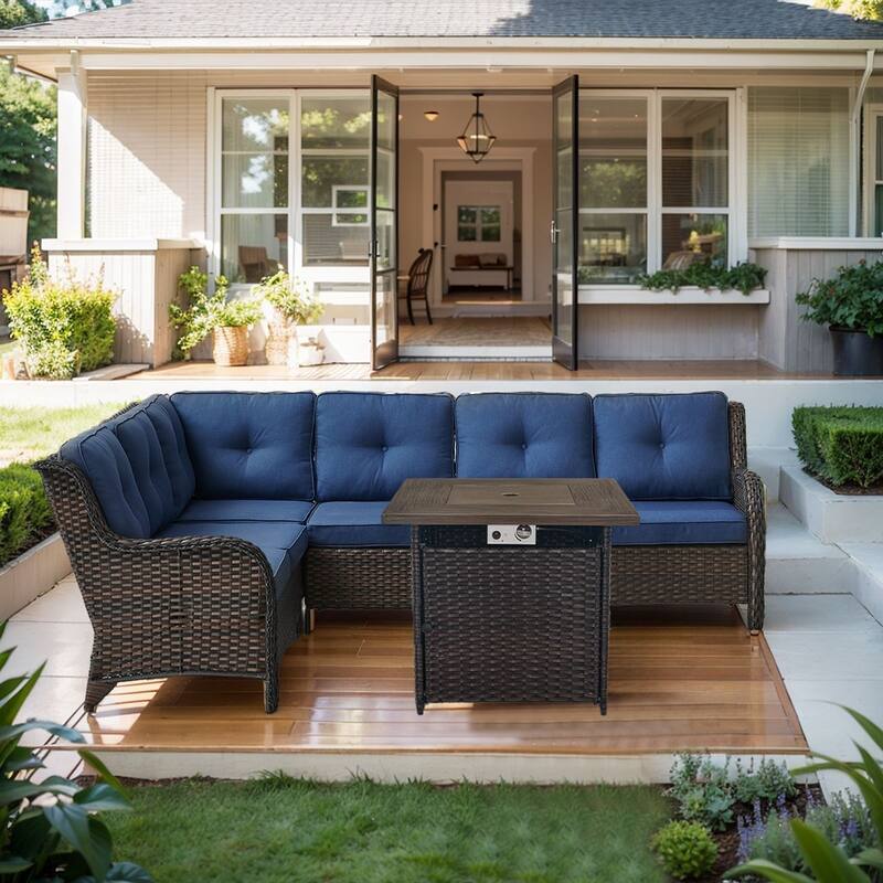 Outdoor Sectional Patio Sofa with Fire Pit Table - Blue - Brown