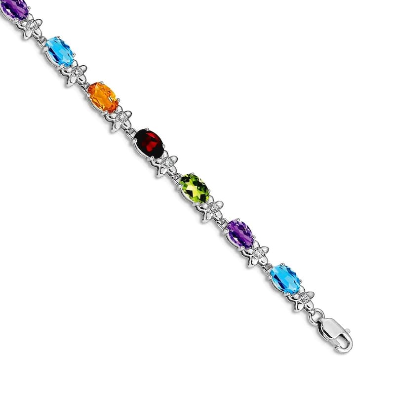 Curata Yellow or White 14k Gold 4.5mm 7" Gemstone and Diamond Flower Bracelet - Multigem - White