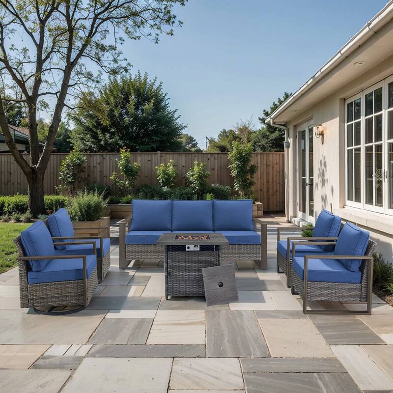 Pocassy Outdoor 30" Fire Pit Table with Sofa Swivel Chair Set - Grey Wicker Blue Cushion - 6-Piece Sofa Chair with Fire Table