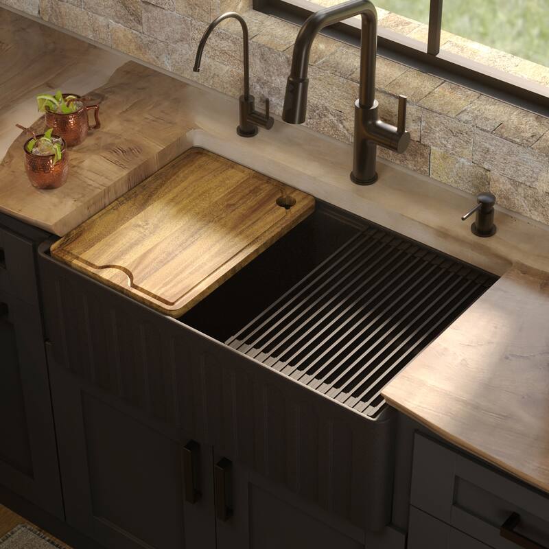 Karran 30" Single Bowl Workstation Fireclay Kitchen Sink with Reversible Fluted Apron Front