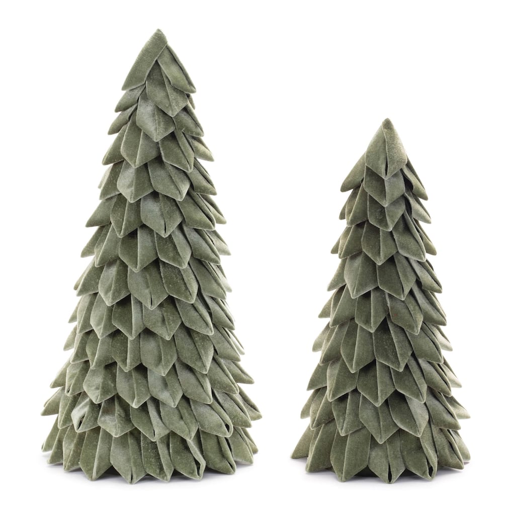 Green Polyester Paper Cone Trees with Soft Fabric Design for Indoor Decor Set of 2 - 9.75” x 9.75” x 19.75” (L x W x H)