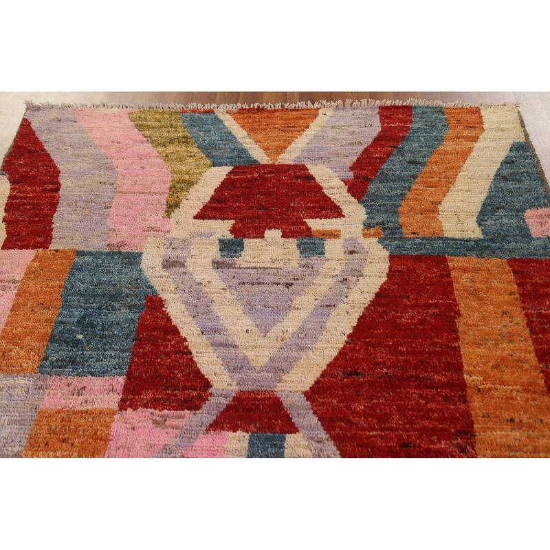 Hand Knotted Oriental 100% Wool Carpet Modern Geometric Multi-Colored Moroccan Area Rug - 8' 7'' X 5' 6''