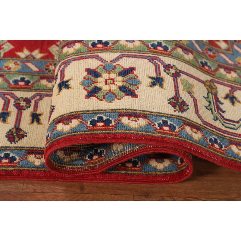Geometric Red Kazak Area Rug Living Room Hand-Knotted Wool Carpet - 6'8" x 10'3"