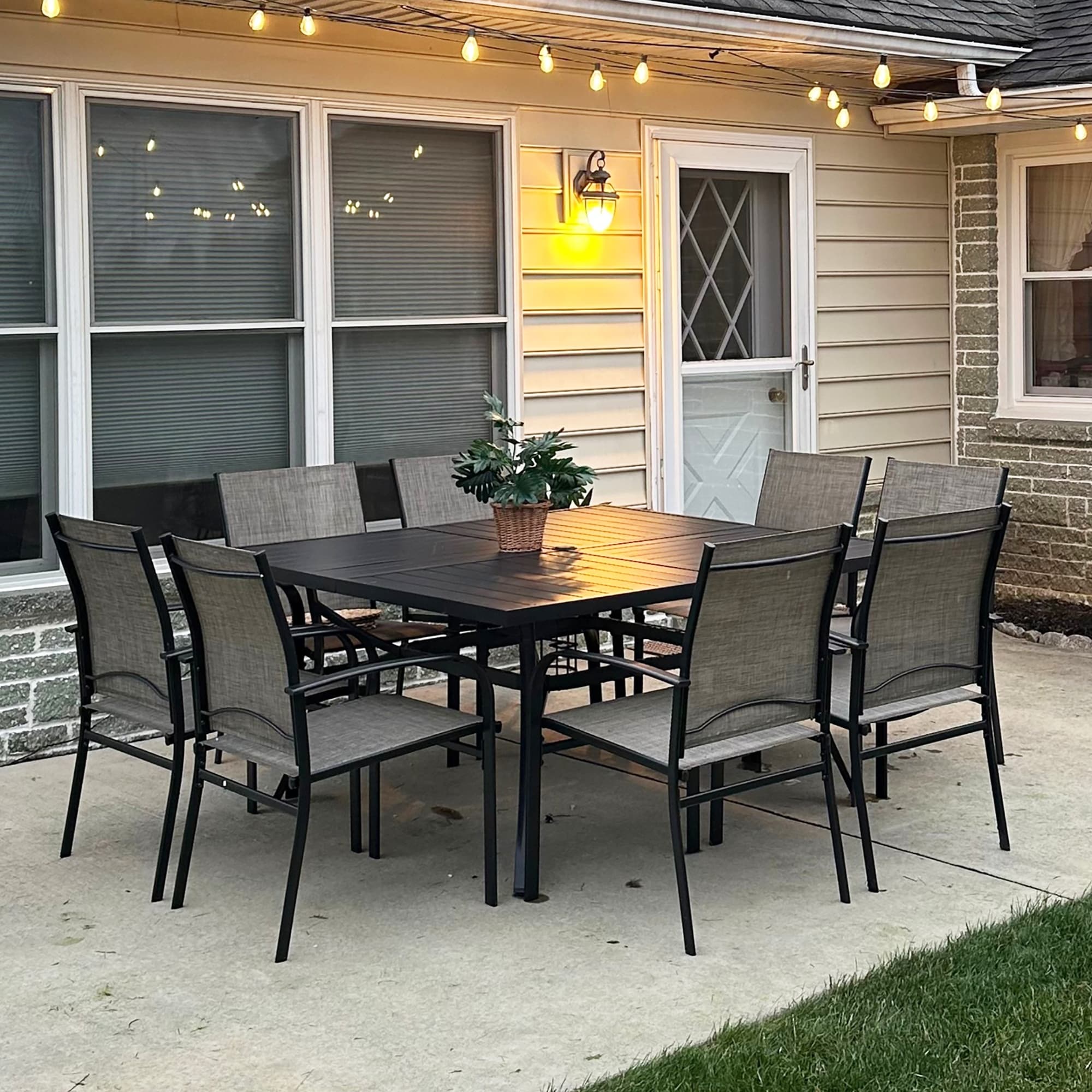 MAISON ARTS Patio Dining Set 9 Pieces, Outdoor Dining Set for 8, Large Square Metal Dining Table with 8 Textilene Dining Chairs