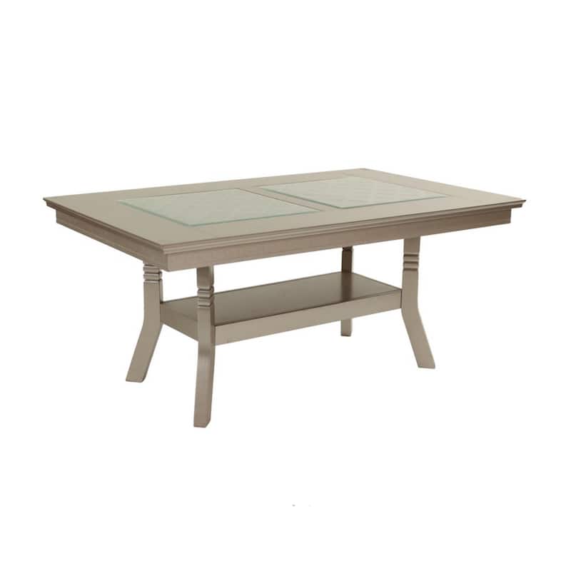 Teme 66 Inch Dining Table, Glass Top, Lower Shelf, Beige Rubberwood