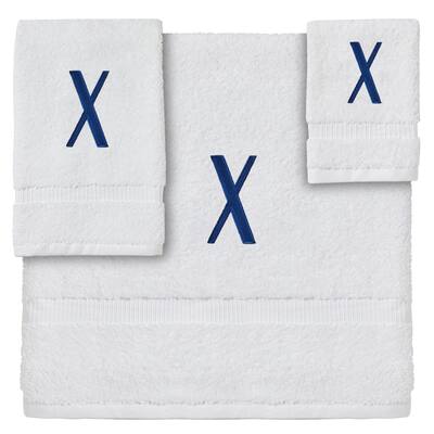 3-Piece Letter X Monogrammed Bath Towels Set, Embroidered Initial X Wedding Gift (White, Blue)