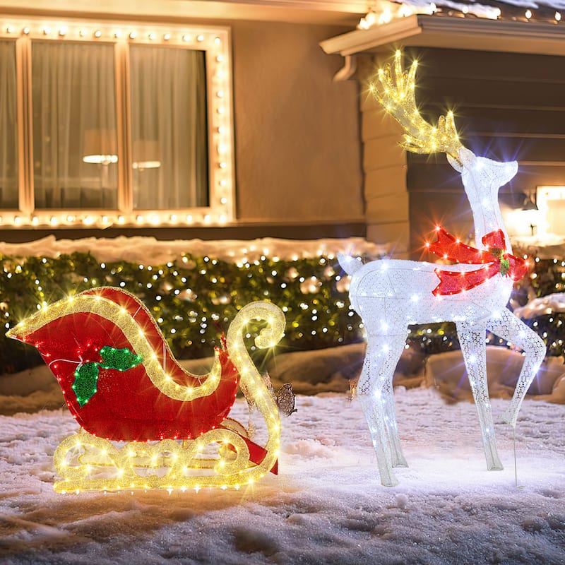 Gymax Lighted Christmas Reindeer & Sleigh Set Light-up Xmas - Multi - See Details