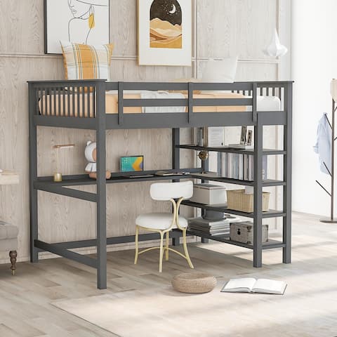 Modern Pine Rubber Wooden Full Size Loft Bed with Storage Shelves and Under bed Desk, Gray