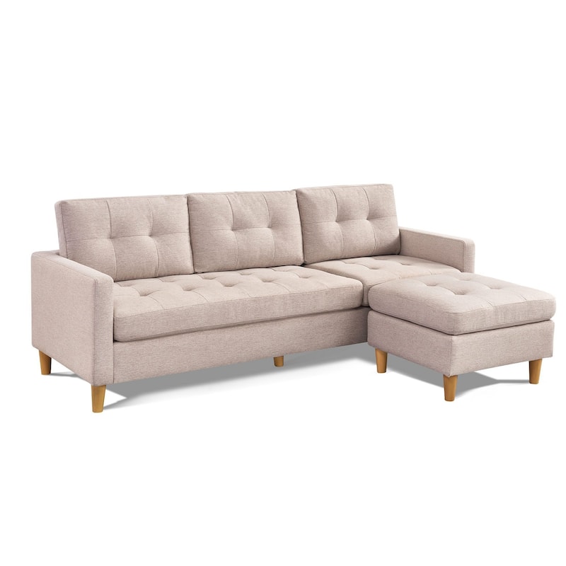HomeRoots 87" Beige Polyester Blend Sofa With Ottoman With Natural Legs - 87