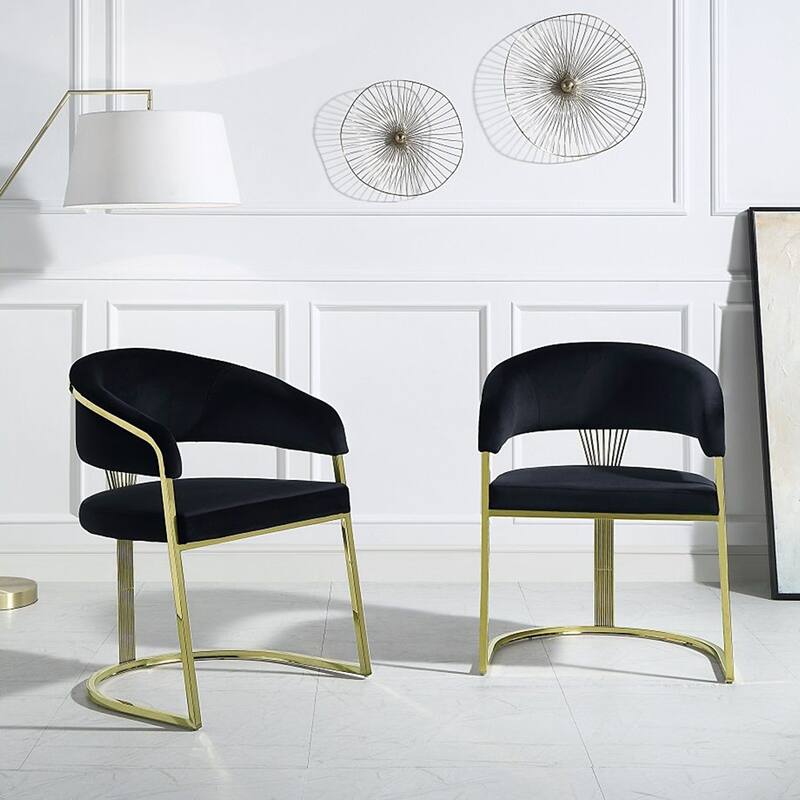 Velvet Upholstered Dining Side Chair in Black and Mirrored Gold