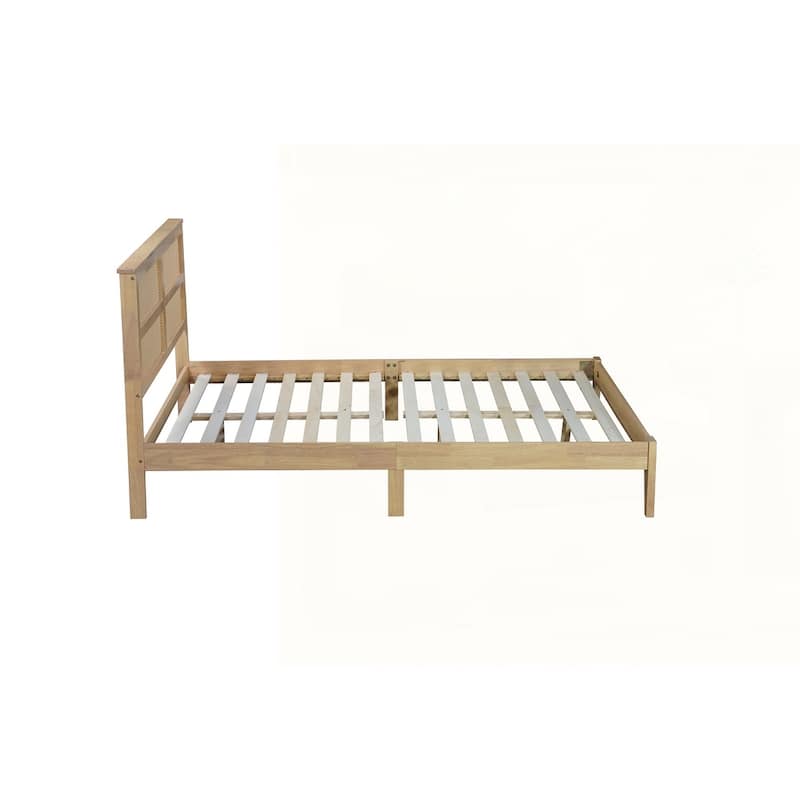 Solid Wooden Bed with Rattan Headboard