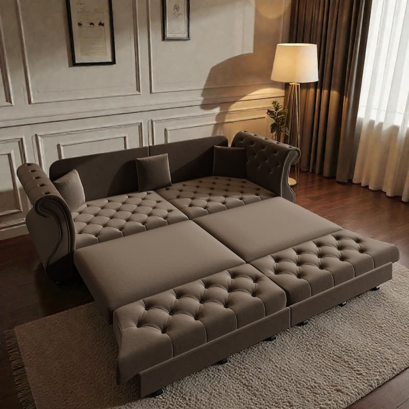 97.6 Inch Chesterfield Pull Out Sofa Bed, Velvet Roll Arm Couch with Flower Tufting, Convertible Sleeper
